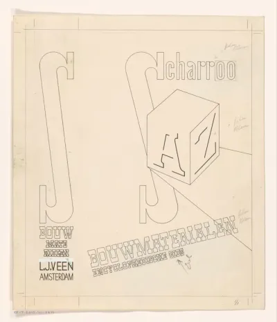 Bandontwerp voor: P.W. Scharroo, Bouwmaterialen. Encyclopaedische gids voor theorie en praktijk, c. 1943-1944