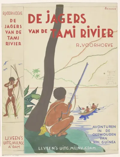 Bandontwerp voor: Rudolf Voorhoeve, De jagers van de Tamirivier: Avonturen in de oerwouden van Nieuw-Guinea, 1936