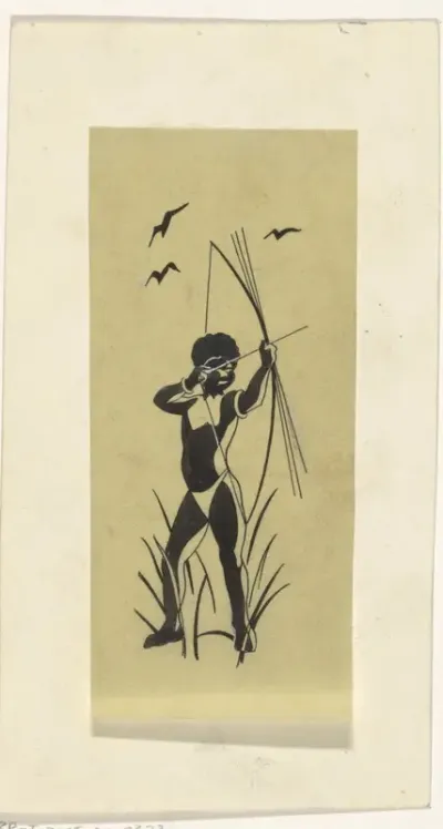 Bandontwerp voor: Rudolf Voorhoeve, De jagers van de Tamirivier: Avonturen in de oerwouden van Nieuw-Guinea, 1936