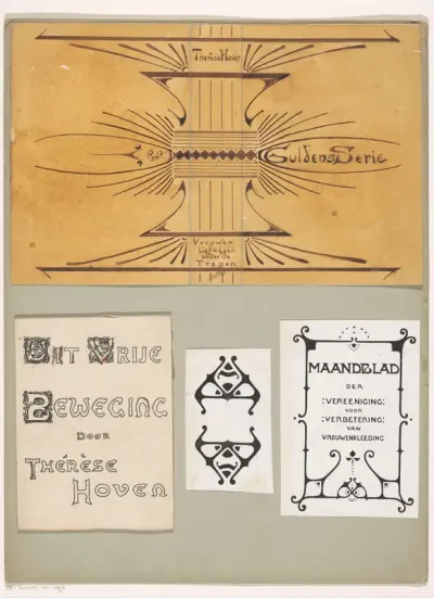 Bandontwerpen voor: Thérèse Hoven, Vrouwen lief en leed onder de tropen (1896) en Uit vrije beweging (1894)