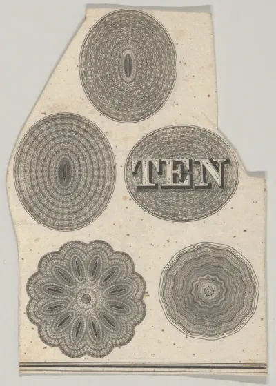 Banknote motif: Five oval or circular ornamental lathe work designs, one containing the word ten