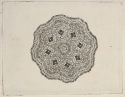 Banknote motif: rounded ornamental lathe work design with a wavy edge