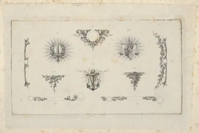 Banknote motif: ten different ornamental lathe work elements including a disk embellished with berries and flowers, a wreathed sword, a set of scales, a berried vine, an anchor and chain, a bracket of vine leaves and four designs for borders
