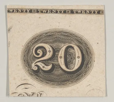 Banknote motif: the number 20 against an ornamental lathe work oval resembling woven rope