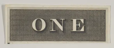 Banknote motif: the word ONE against a rectangle of ornamental basket-like lathe work