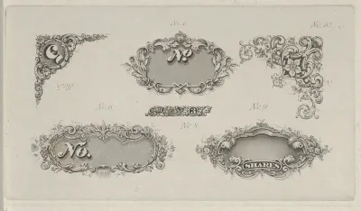 Banknote motifs: six small lathe work designs for corners, frames and numbers