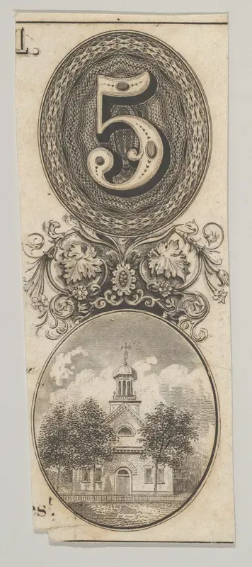 Banknote motifs: the number 5 and a building topped with a cupola