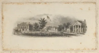 Banknote vignette showing city buildings around a fenced-in green with children playing around an American flag