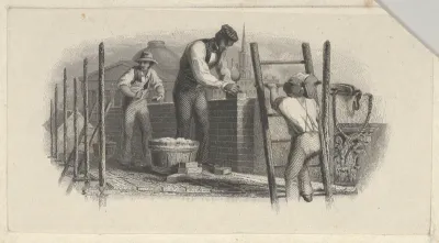 Banknote vignette showing three men on a scaffold laying a brick wall