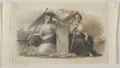 Banknote vignette with female figures representing Liberty and Justice