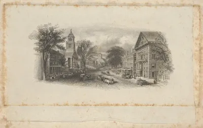 Banknote vignette with the main street of a town