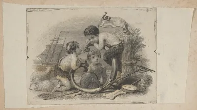 Banknote vignette with three putti as a shepherd, a farmer, and a sailor