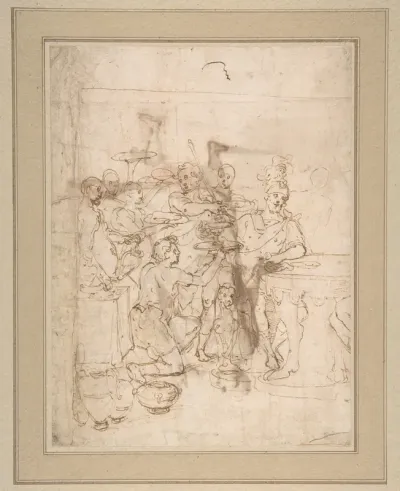 Banquet Scene: A Seated Warrior Attended by a Number of Servants (recto); Back View of a Standing Man in a Long Cloak (verso)