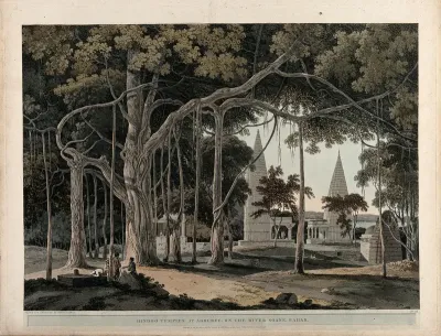 Banyan tree with Hindu temples at Agori, Bihar