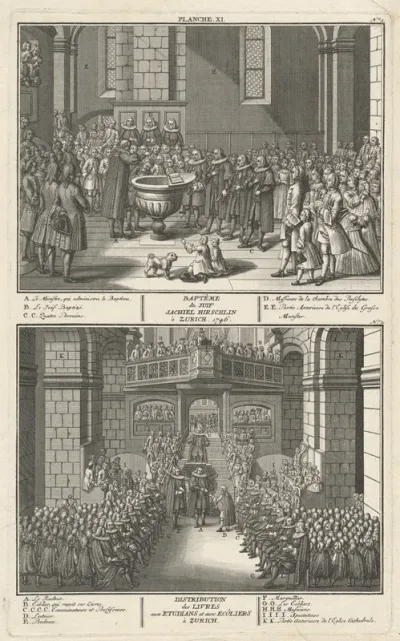 Baptême du Juif Jachiel Hirschlin à Zurich. 1746; Distribution des Livres avec Etudians et aux Ecôliers à Zurich (Baptism of Jachiel Hirschlin and Distribution of the Books)
