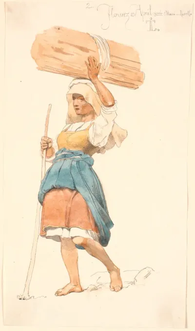 Barbenet bondepige med et brændeknippe på hovedet