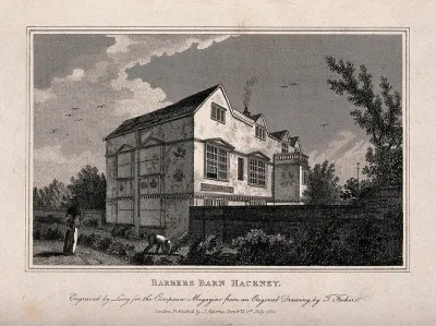 Barber's Barn, Hackney, a timber-framed building with decorative plasterwork, two ladies walking in the garden, a gardener at work