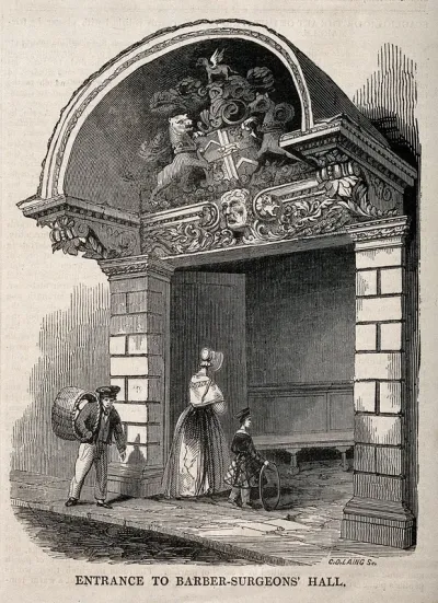 Barber-surgeons' Hall, Monkwell Street, London: the entrance to the hall, showing the elaborate carving of the canopy, a lady and child entering