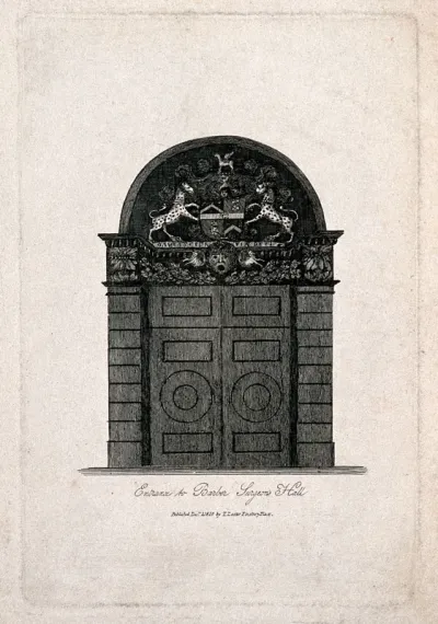 Barber-surgeons' Hall, Monkwell Street, London: the entrance to the hall, with elaborate carving above the doors