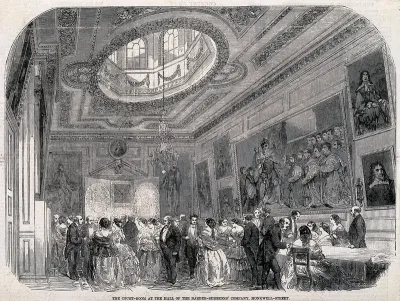 Barber-surgeons' Hall, Monkwell Street, London: the interior of the Court-Room, with a reception taking place