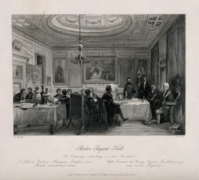 Barber-surgeons' Hall, Monkwell Street, London: the interior of the hall, with various figures standing and sitting about