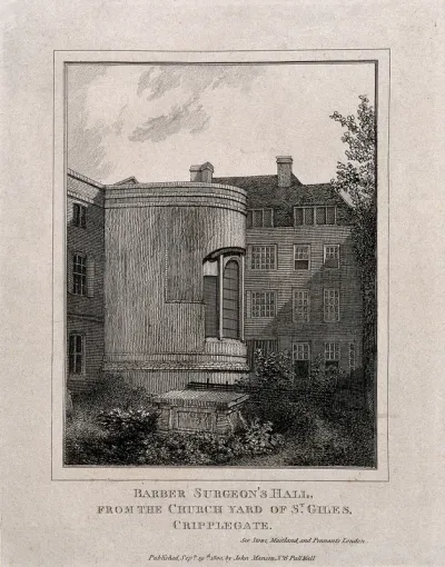 Barber-surgeons' Hall, Monkwell Street, London: the rear elevation of part of the hall, possibly the courtroom
