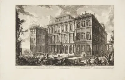 Barberini-familiens palazzo på Quirinall, tegnet af Bernini, med en sammenstyrtet obelisk i forgrunden