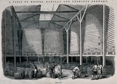 Barclay and Perkins brewery, Southwark: visitors in a store for vats and barrels