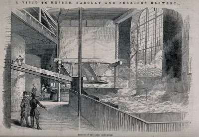 Barclay and Perkins brewery, Southwark: visitors watching beer fermenting in a large brewhouse