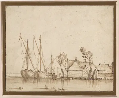 Barges Moored by Cottages
