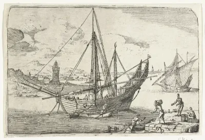 Bark voor anker bij de haven van Messina