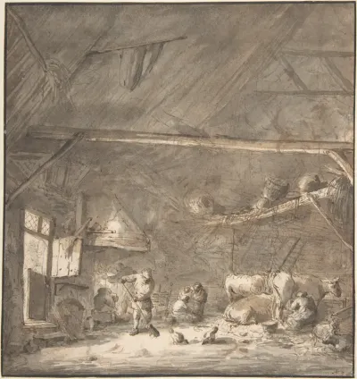 Barn Interior with Peasants and Cows (recto); Six Studies of Peasants (verso)