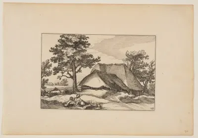Barns, Resting Herd and Dog in Centre Foreground, from Landscapes (Verscheyden aerdige Lanthuysen...)