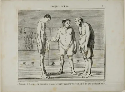 “- Baron, I have the honor of introducing you to Mr. Mérouel, one of our biggest bankers… - Baron, I have the honor of introducing you to Mr. Cascaret, one of our biggest shareholders,” plate 31 from Croquis D'été