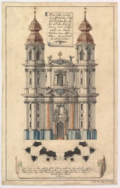 Baroque Church Façade with Obliquely Placed Towers
