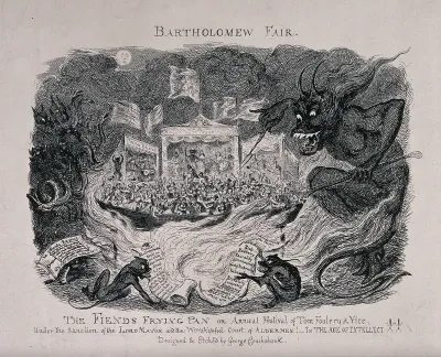 Bartholomew fair in London represented as a place where crowds of people watch entertainments inspired by the devil, and indulge in drunkenness and fighting; demons incite them to crime