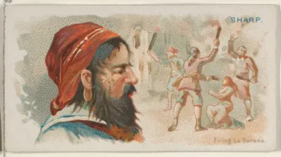 Bartholomew Sharp, Firing La Serena, from the Pirates of the Spanish Main series (N19) for Allen & Ginter Cigarettes