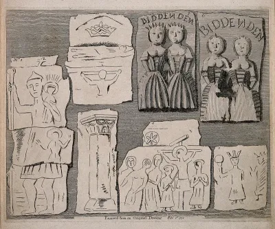 Bas-reliefs of the conjoint twins called the Biddenden Maids, and five other subjects