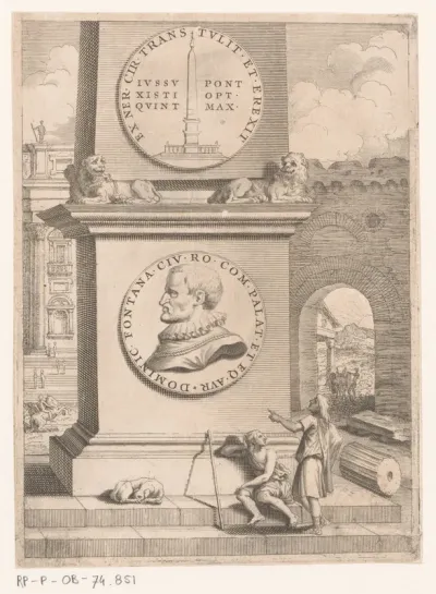 Basement van een obelisk met het portret van Domenico Fontana