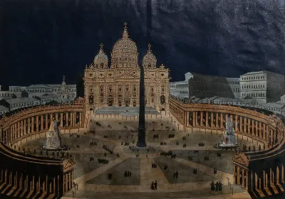 Basilica of Saint Peter, Vatican: the church and the colonnade, lit by lamps at night
