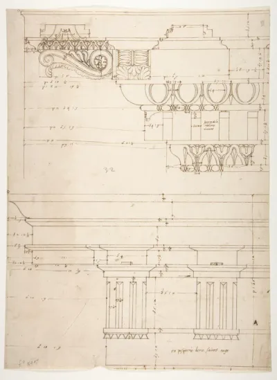 Basilica Ulpia, cornice, elevation profile with ornamental detailing; Domus Turciorum, entablature, elevation profile (recto) Domus Turciorum, elevation, perspective (verso)