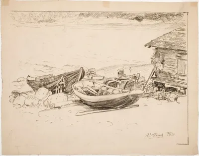 Båtar och nothus vid havsvik