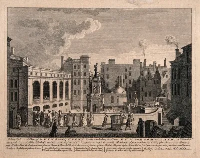 Bath, Somerset: bathers and onlookers in the courtyard containing the royal baths and great pump room, with a statue of King Bladud, founder of the baths