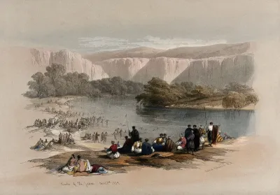 Bathers at the banks of the Jordan river, with Achmet Aga, the governor of Jerusalem, with his guards, looking on