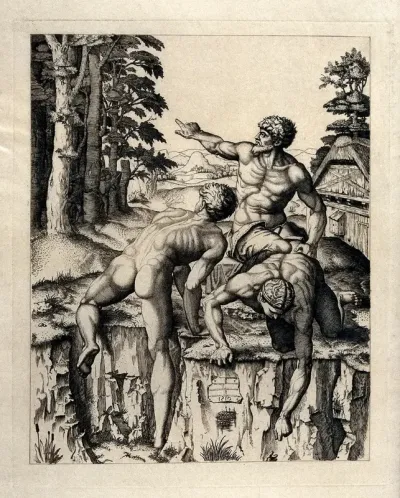 Bathers on the edge of a river bed, with hunters emerging from the forest on the left