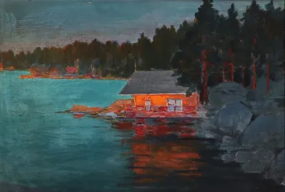 Bathing house at a forest lake in the evening sun