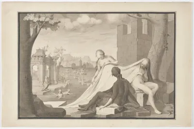 Bathing women on the shore of a body of water in front of ruins (Nymphs)