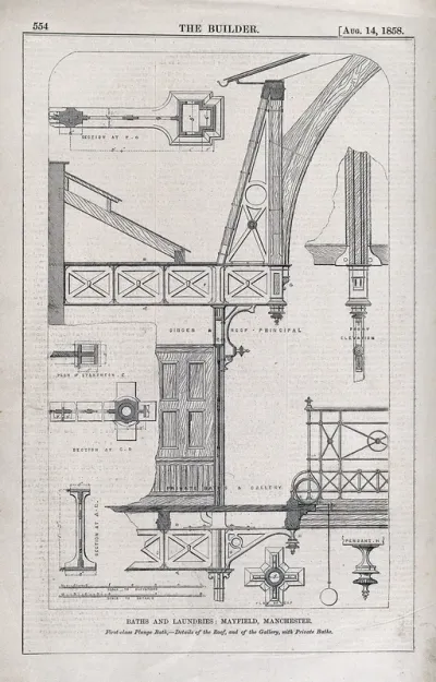 Baths and laundries, Mayfield, Manchester, England: design drawings with scale and verbal key