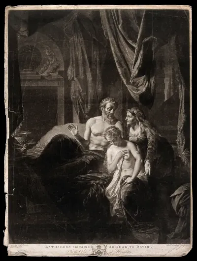 Bathsheba brings the young maid Abishag to the aging King David for body heat
