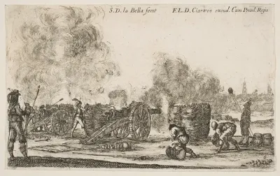 Battery of cannons firing on a city, plate 6 from "Various Military Caprices" (Varii capricci militari)